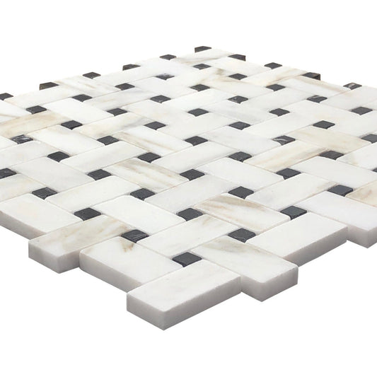 Calacatta Gold Marble Basketweave Mosaic Tile W/ Black Dots - Hey Tiles