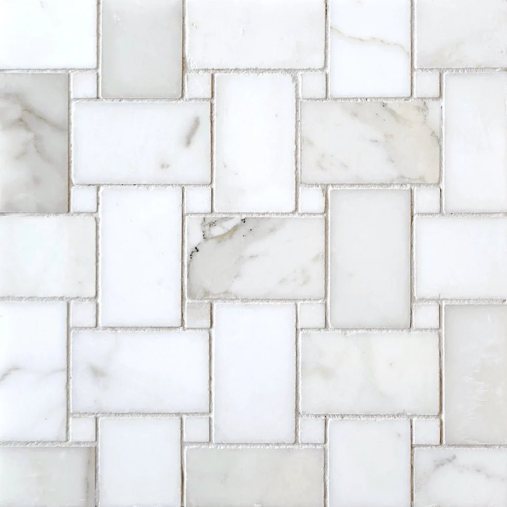 Calacatta Gold Marble Basketweave Mosaic Tile W/ Calacatta Gold Dots - Hey Tiles