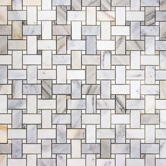 Calacatta Gold Marble Basketweave Mosaic Tile W/ Calacatta Gold Dots - Hey Tiles