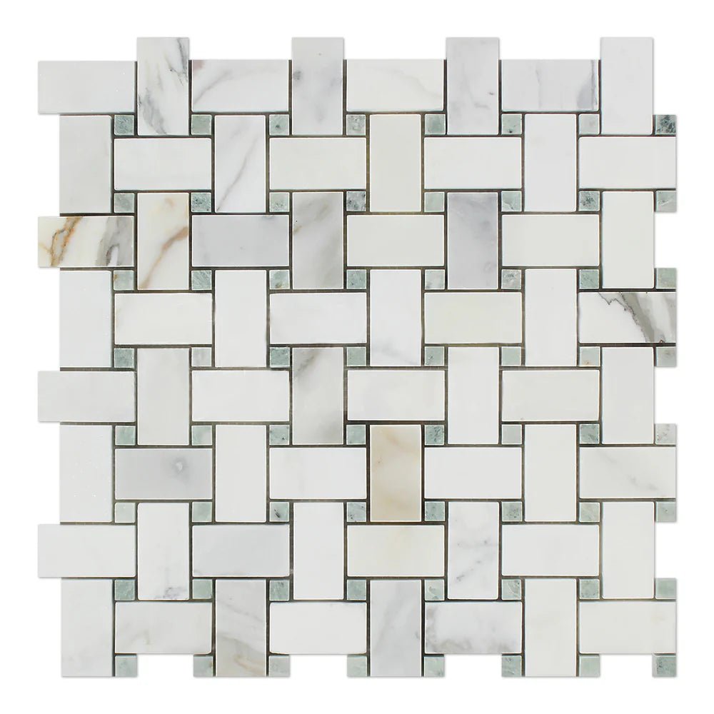 Calacatta Gold Marble + Icelandic Green Dots Basketweave Mosaic - Hey Tiles