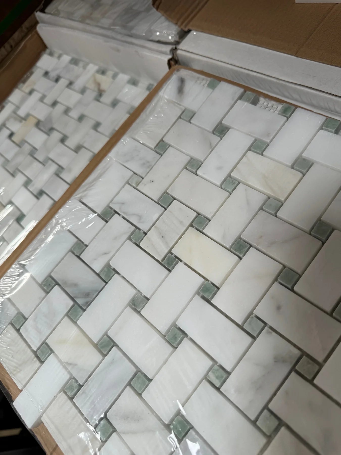 Calacatta Gold Marble + Icelandic Green Dots Basketweave Mosaic - Hey Tiles