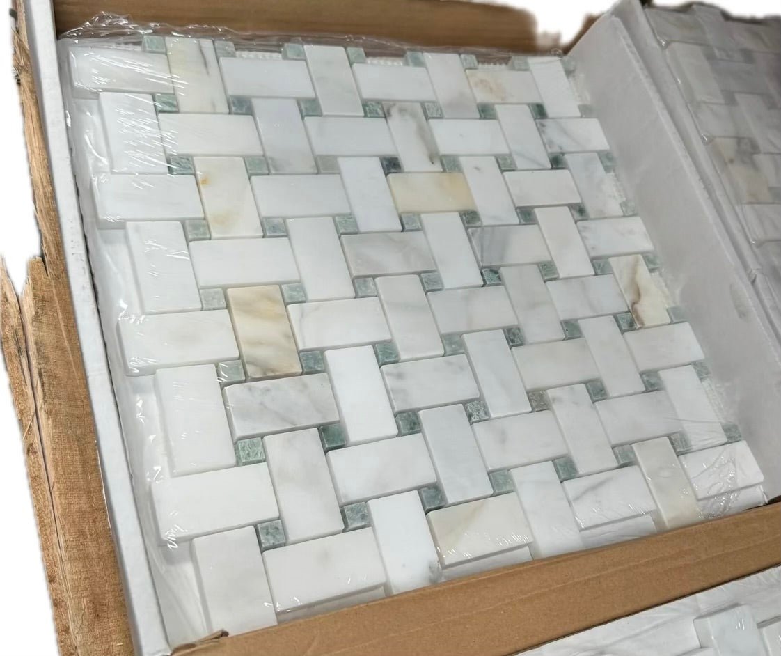 Calacatta Gold Marble + Icelandic Green Dots Basketweave Mosaic - Hey Tiles