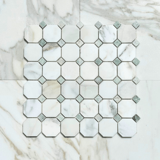 Calacatta Gold + Ming Green Dots Octagon Mosaic - Hey Tiles