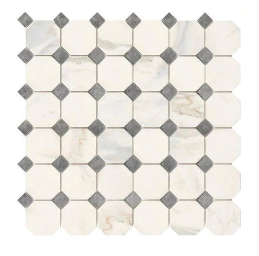 Calacatta Gold Octagon Mosaic with Bardiglio Dots Italian Mosaic Tile - Hey Tiles