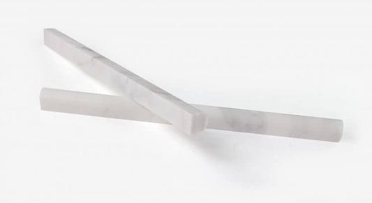 Calacatta Gold honed marble pencil trim pieces, white and gold, 0.75 x 12 inches, ideal for mosaics and decorative applications.