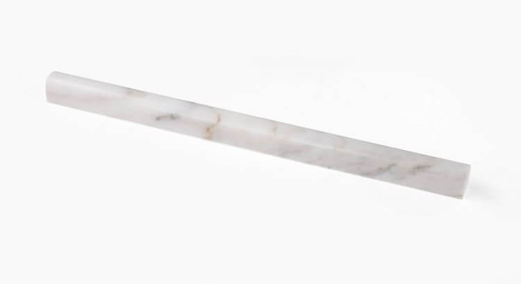 Calacatta Gold honed pencil trim piece, 0.75 x 12 inches, white and gold marble, linear finish, 3/4 inch thick.