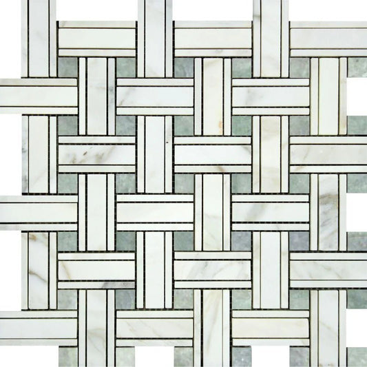 Calacatta Gold Triple - Weave (w/Ming - Green) Mosaic Marble Tile - Hey Tiles