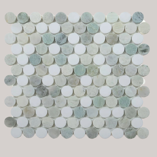 Calacatta Green Honed Penny Round Marble Mosaic 11 x 11.75 - Hey Tiles