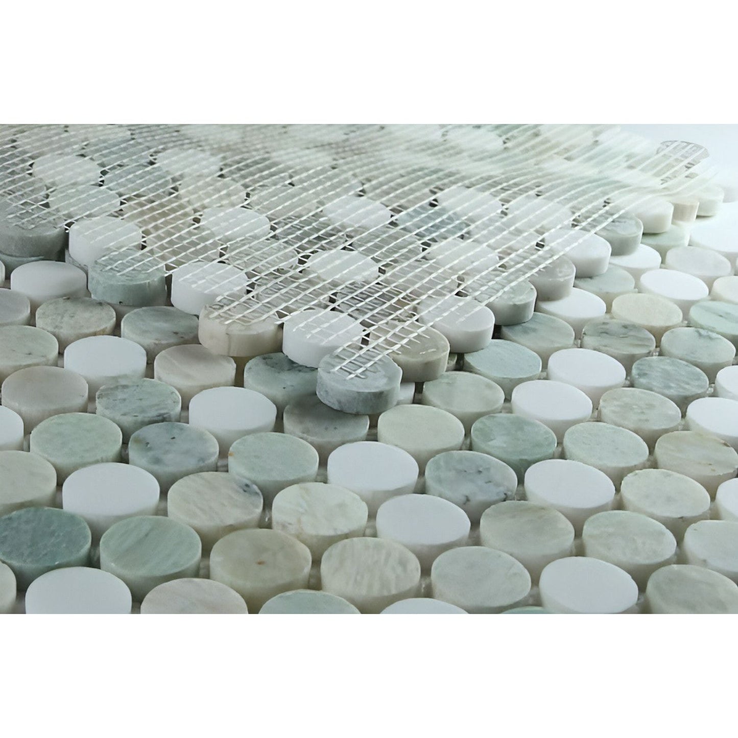 Calacatta Green Honed Penny Round Marble Mosaic 11 x 11.75 - Hey Tiles