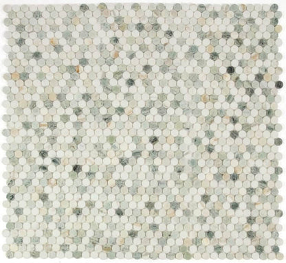 Calacatta Green Penny Round Polished Mosaic Tile featuring soft white and green veining, perfect for elegant design.