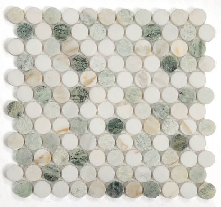Calacatta Green Penny Round Polished 11 x 11.75 - Hey Tiles