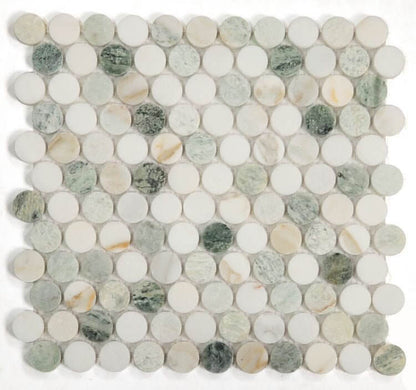 Calacatta Green Penny Round Polished Mosaic Tile showcasing a blend of white and green marble, ideal for elegant designs.