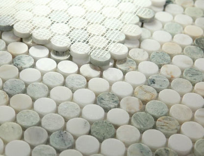 Calacatta Green Penny Round polished mosaic tile featuring white and green veining patterns.