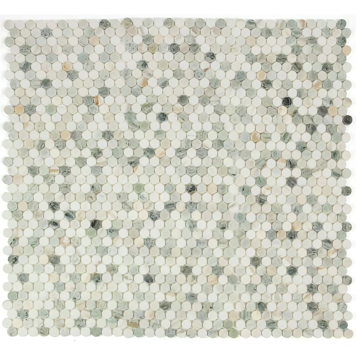 Calacatta Green Penny Round Polished Marble Mosaic - Hey Tiles