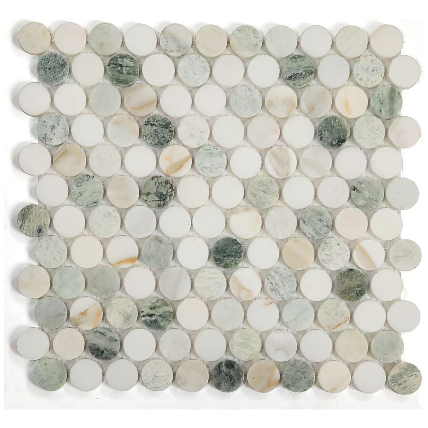 Calacatta Green Penny Round Polished Marble Mosaic - Hey Tiles