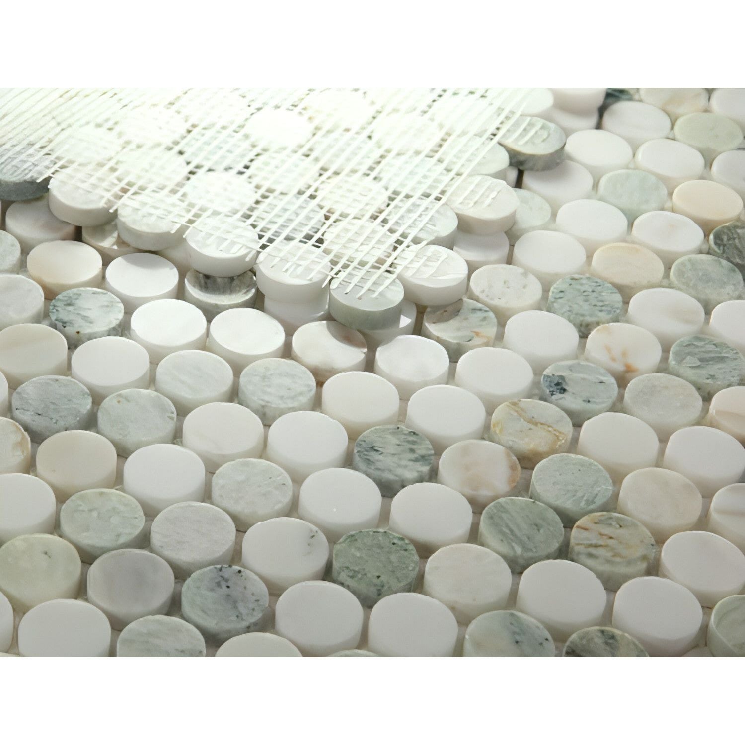 Calacatta Green Penny Round Polished Marble Mosaic - Hey Tiles