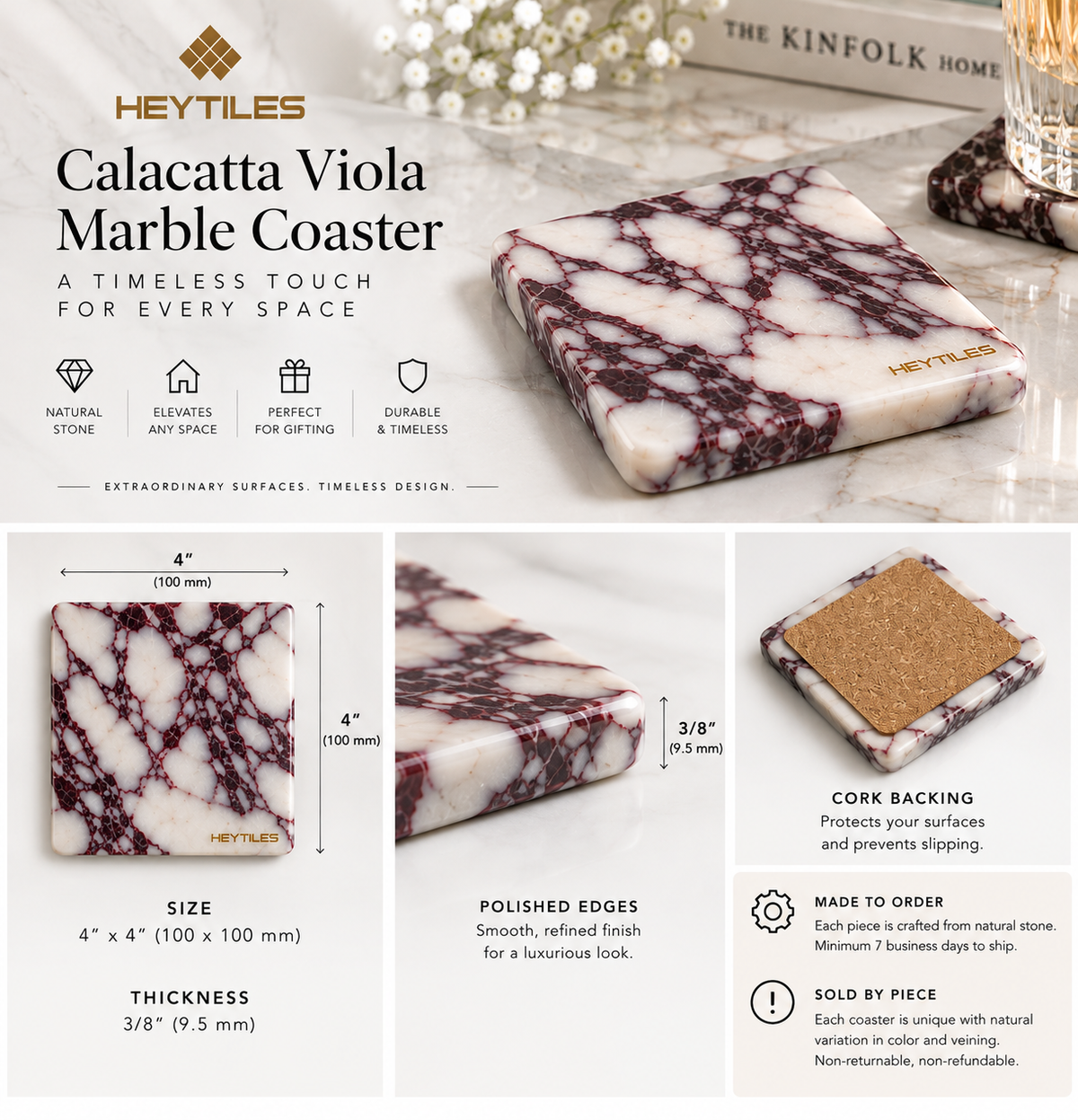 Calacatta Viola single marble coaster, AI design concept with HeyTiles logo