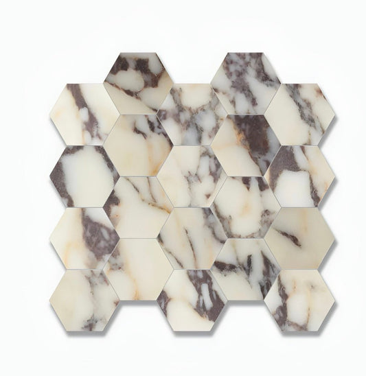 Calacatta Viola Polished 3″ Hexagon Mosaic Tile - Hey Tiles