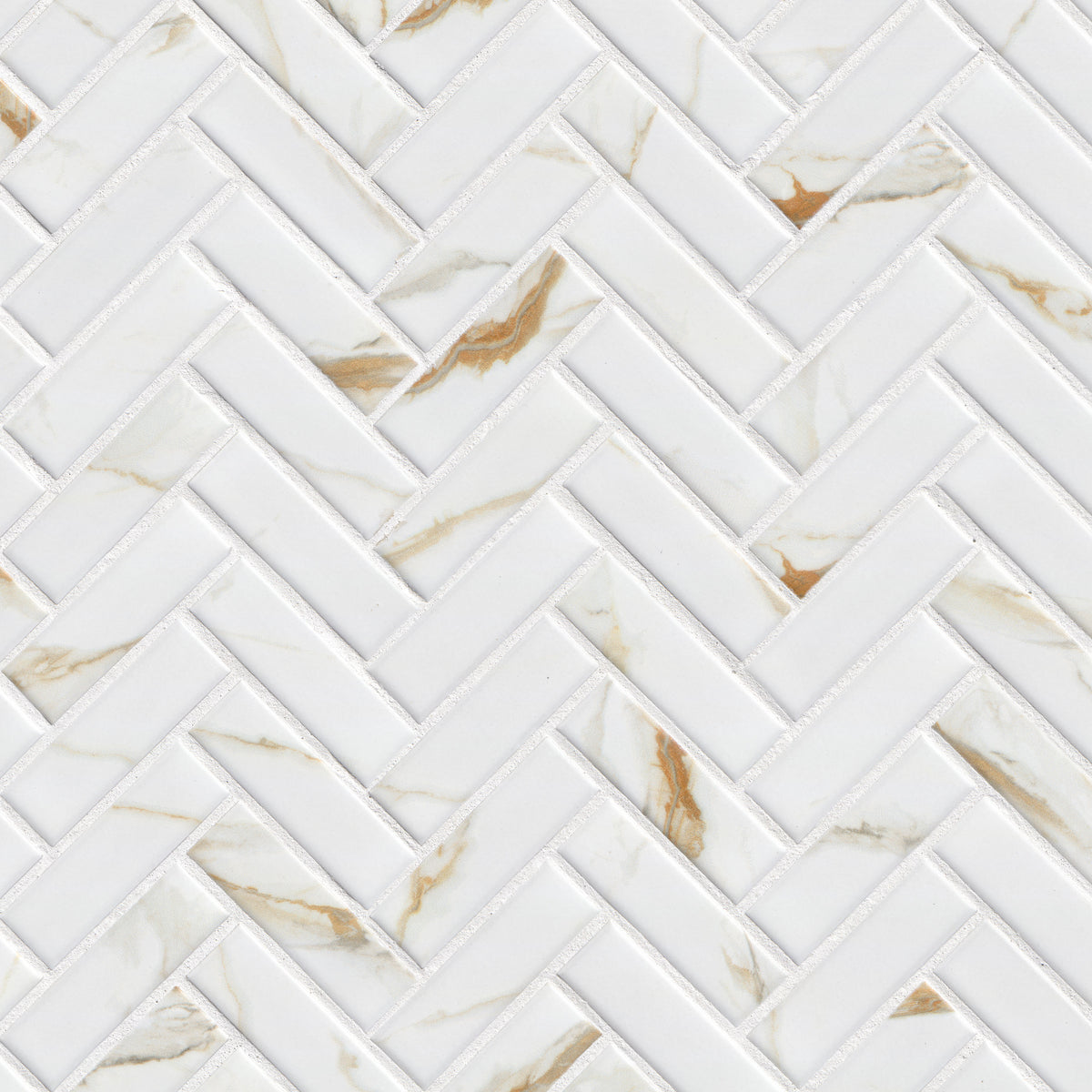 MSI Calacatta Gold Matte Herringbone mosaic detail