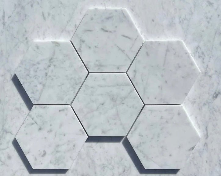 Carrara White Marble 5" Large Hexagon Mosaic Tile - Hey Tiles