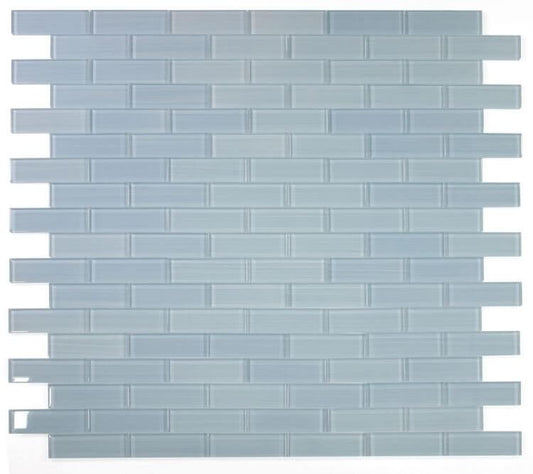 Casale Lucy Blue Painting 11.75 x 11.75, hand-painted light blue glass in subway tile layout.