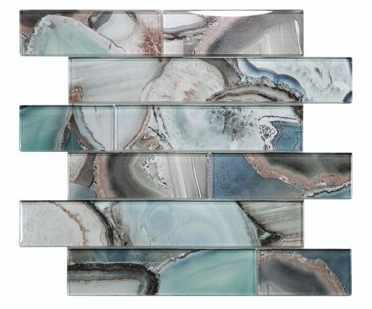 Casale Shell Green glass tile in 11.75x11.75 size, featuring artistic linear green-shell design for indoor use.