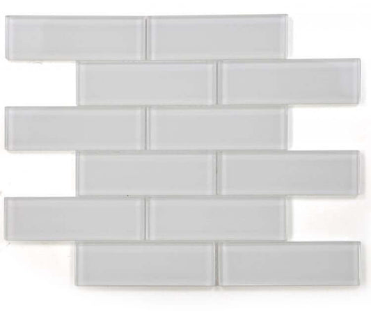 Casale White Shining polished glass tile in subway layout, ideal for swimming pools and mosaics.