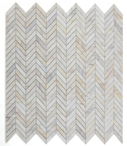 Chevron Eurasian 11x11 marble mosaic tile in polished grey and beige finish, ideal for elegant flooring and walls.