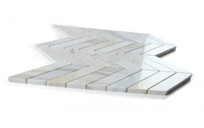 Chevron Eurasian 11 x 11 marble mosaic in polished grey and beige finish, ideal for modern interiors.