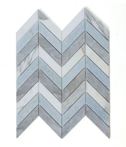 Chevron Vivid Blue Marble Mosaic Tile featuring Carrara white and Bardiglio gray in a stylish pattern, 10.75 x 12.25 inches.