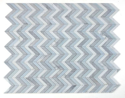 Chevron Vivid Blue Marble Mosaic Tile in Carrara White and Bardiglio Gray, size 10.75 x 12.25 inches