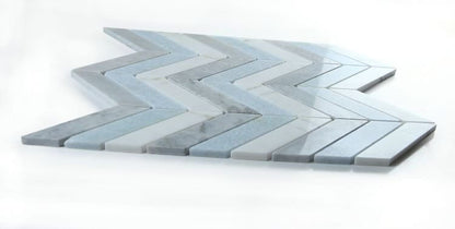 Chevron Vivid Blue Marble Mosaic Tile showcasing Carrara white and Bardiglio gray in a striking design.