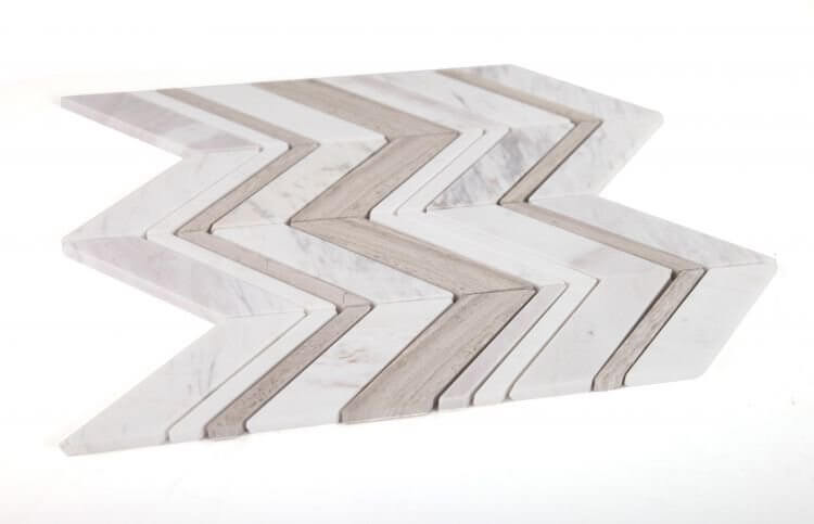 Chevron Ravenna Loft mosaic in Haisa Grey and Volakas White Marble, 11.75 x 12.25 inches, polished finish.