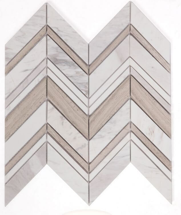 Chevron Ravenna Loft mosaic in Haisa Grey and Volakas White marble, polished finish, 11.75 x 12.25, perfect for modern decor.