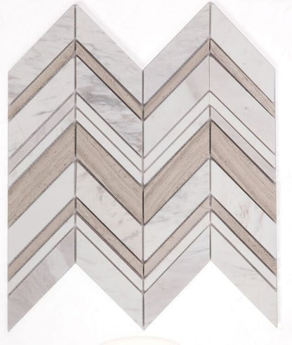 Chevron Ravenna Loft mosaic in Haisa Grey and Volakas White marble, polished finish, 11.75 x 12.25, perfect for modern decor.