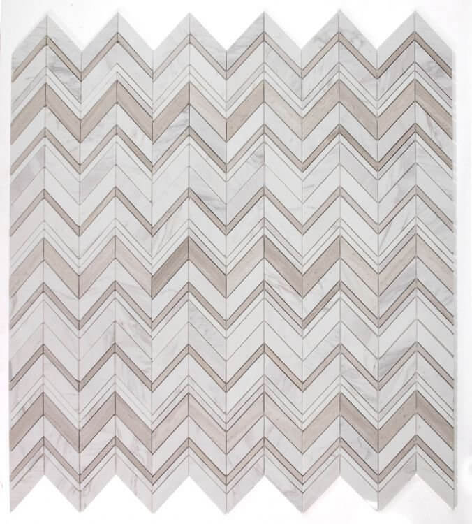 Chevron mosaic pattern in Haisa Grey and Volakas White Marble, 11.75 x 12.25, polished finish.