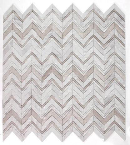 Chevron mosaic pattern in Haisa Grey and Volakas White Marble, 11.75 x 12.25, polished finish.