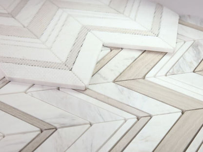 Chevron Ravenna Loft marble mosaic featuring Haisa Grey and Volakas White in a stylish pattern, perfect for modern interiors.
