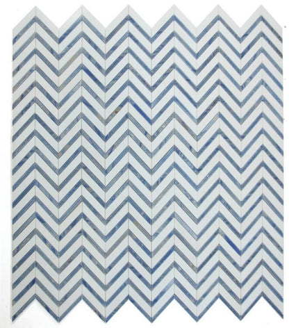 Chevron Royal Sapphire 12x12 marble mosaic tiles in blue and white, perfect for elegant home decor.