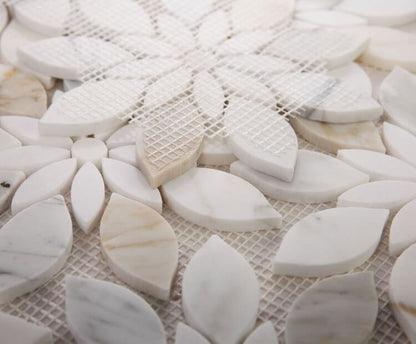 Daisy Bloom Calacatta mosaic tile featuring flower-shaped design with Calacatta Gold and Thassos marble.
