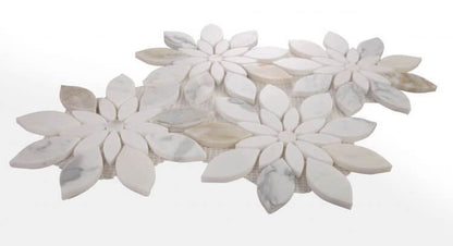 Daisy Bloom Calacatta mosaic tiles featuring flower-shaped design in Calacatta Gold and Thassos marble.