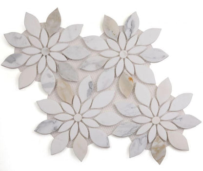 Daisy Bloom Calacatta mosaic tile featuring flower-shaped design, crafted from Calacatta Gold and Thassos marble.