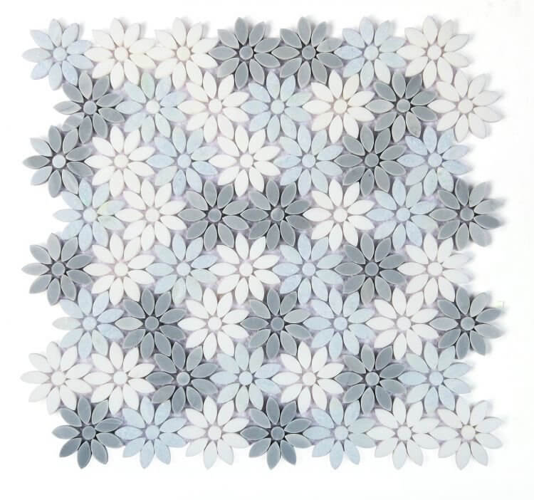 Daisy Crystal Ocean 12.5x13 mosaic tile featuring blue, grey, and white flower designs in polished marble.