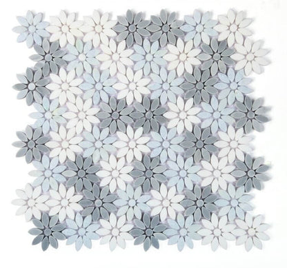 Daisy Crystal Ocean 12.5x13 mosaic tile featuring blue, grey, and white flower designs in polished marble.