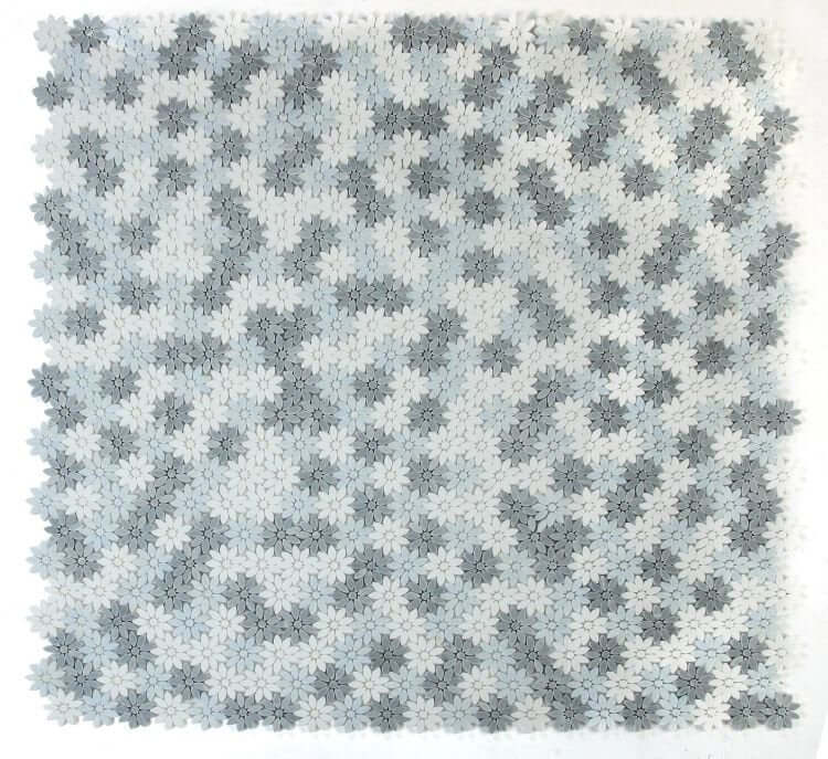 Daisy Crystal Ocean mosaic, flower design in blue crystal, grey and white Thassos marble, 12.5 x 13 inches.