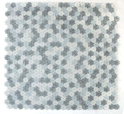 Daisy Crystal Ocean mosaic, flower design in blue crystal, grey and white Thassos marble, 12.5 x 13 inches.