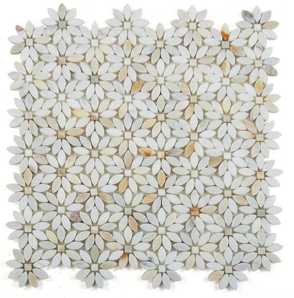Daisy Wild Calacatta Gold mosaic tile featuring flower pattern in white and gold, 12.75 x 13.25 inches, 3/8" thickness.