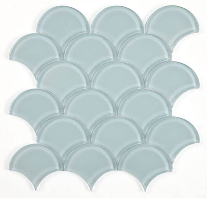 Dragon Scale Turquoise glass mosaic tile in glossy blue-green finish, 9.5 x 9.5, suitable for pools.