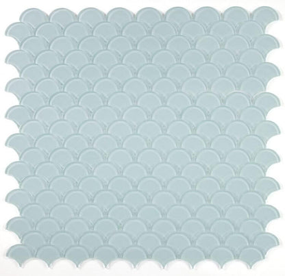 Dragon Scale Turquoise glass mosaic in glossy blue-green finish, 9.5x9.5 inches, pool rated for swimming pools.