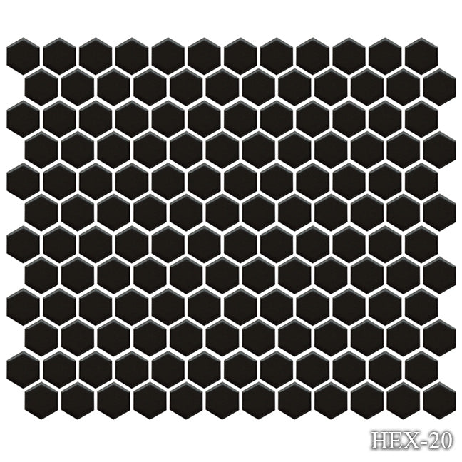 Fujiwa HEX-20 Black Matte 1" x 1" Hex matte glazed porcelain pool tile